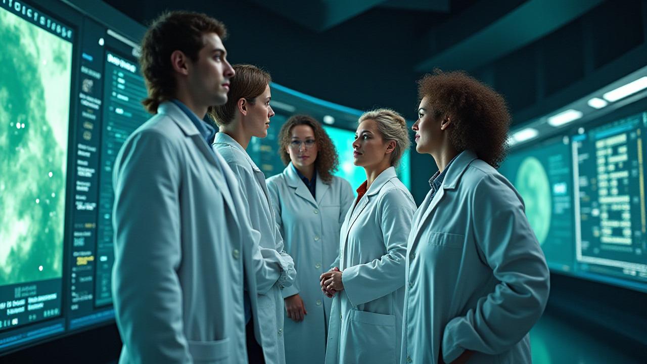 Specialist team collaborating in a modern high-tech laboratory environment